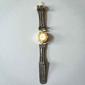 Vintage Fossil Watch 1990 Black Leather Band Gold Tone - Needs Battery